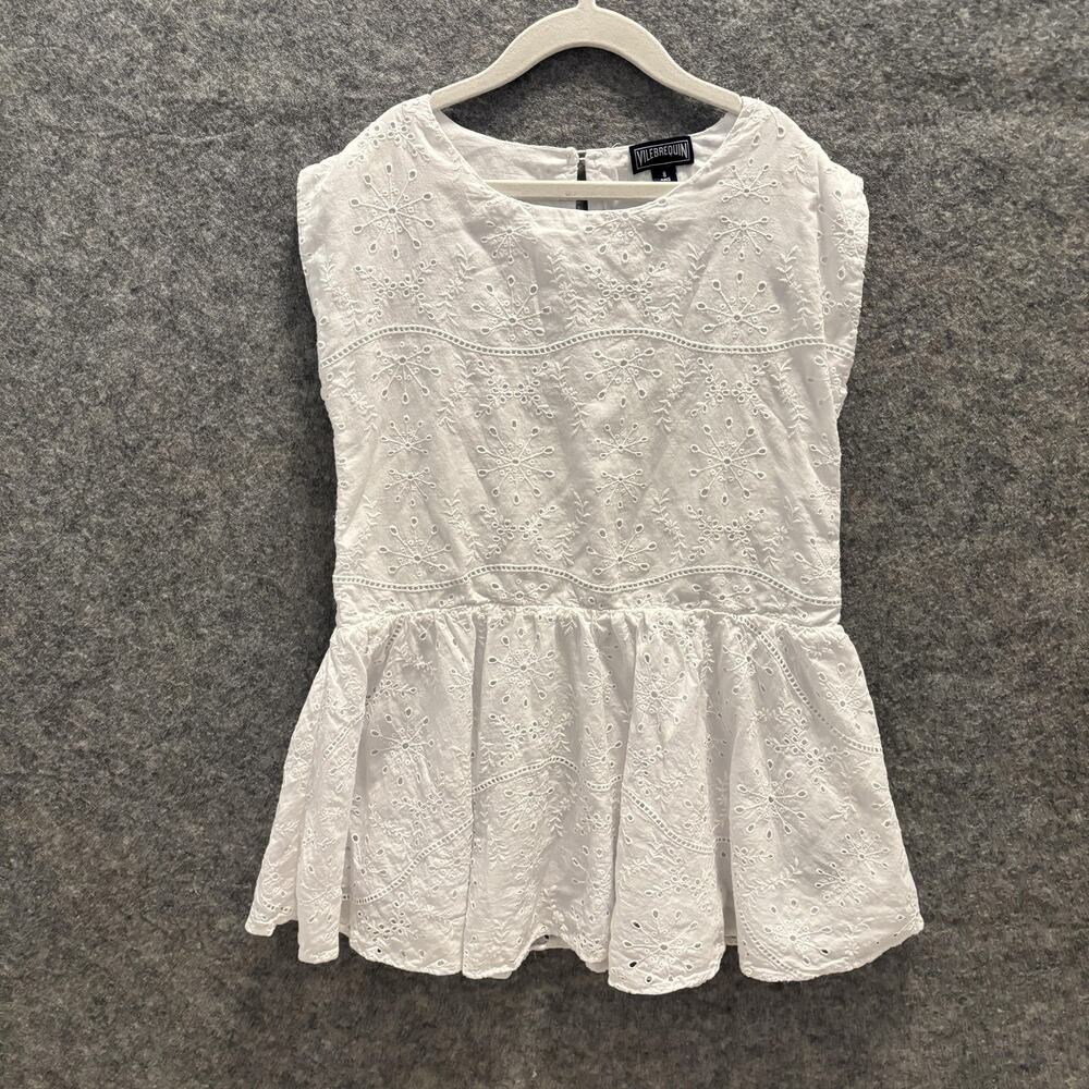 Vilebrequin Dress Girls 8 White Sleeveless Embroidered Eyelet Cotton Tunic